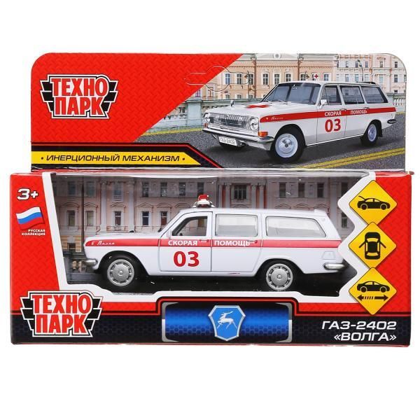 Metal car GAZ-2402 ТVOLGAУ EMERGENCY 12 cm, doors, luggage, white, kor. Technopark